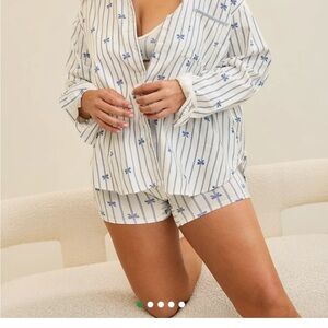 Aerie flannel shirt & trouser pj set- marbled blue stripes and bows